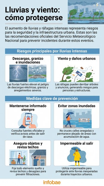 Infografía. Muestra texto y dibujos: tormenta, granizo, inundación, viento, móvil, persona con paraguas, tejado, persona con impermeable.
