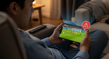 Persona sentada en un sillón mirando un partido de fútbol en un teléfono celular con un icono de advertencia superpuesto. Un mando a distancia está junto a la persona.