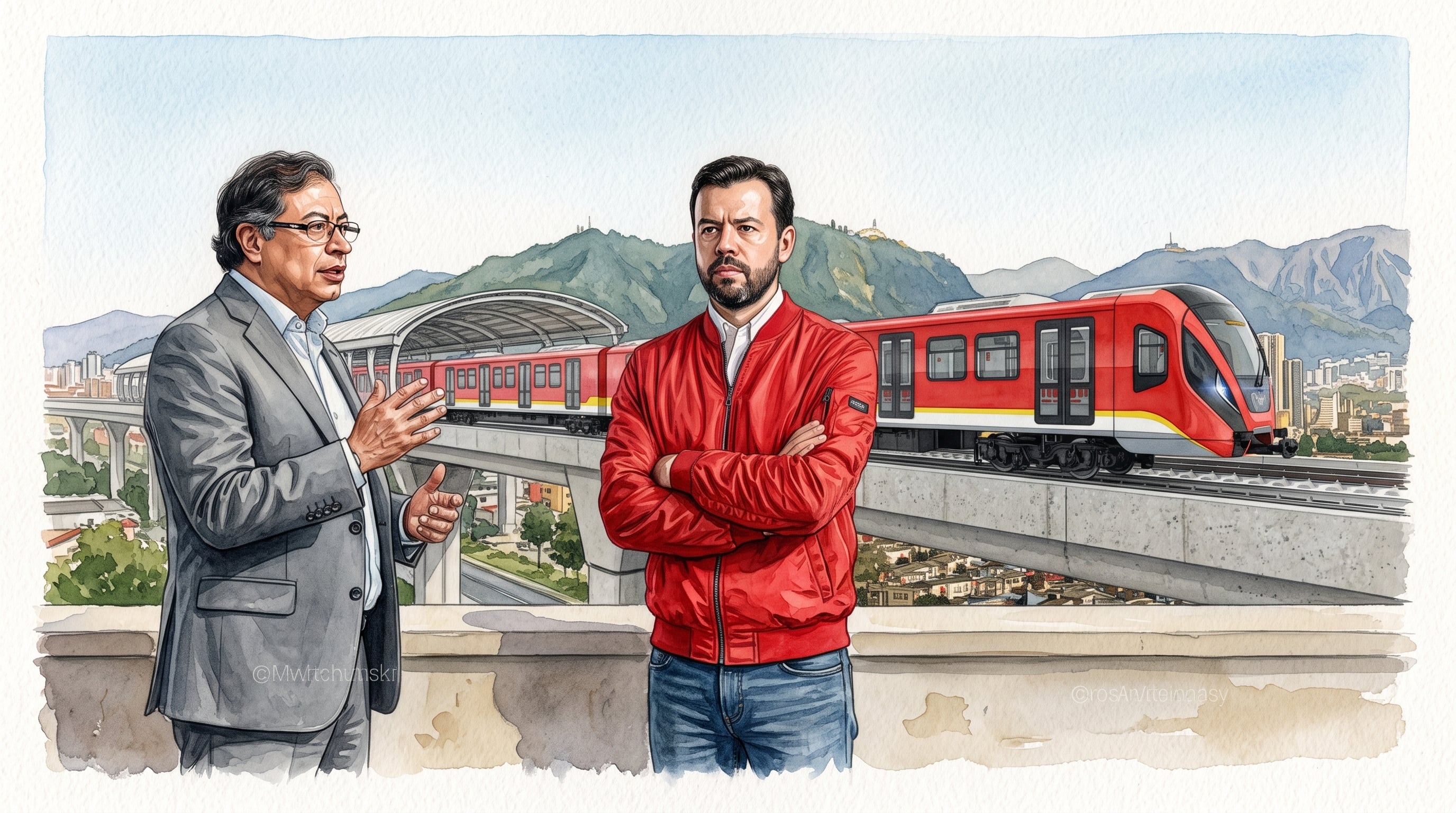 Una ilustración presenta a Gustavo Petro y Carlos Fernando Galán ante la infraestructura elevada del Metro de Bogotá - crédito (Imagen Ilustrativa Infobae)