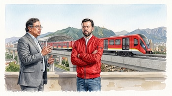 Ilustración en acuarela de Gustavo Petro y Carlos Fernando Galán delante de un tren rojo sobre vía elevada y montañas al fondo.