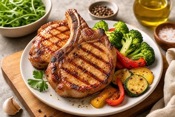 Dos chuletas de cerdo asadas con marcas de parrilla, acompañadas de brócoli, pimiento y calabacín en un plato blanco.