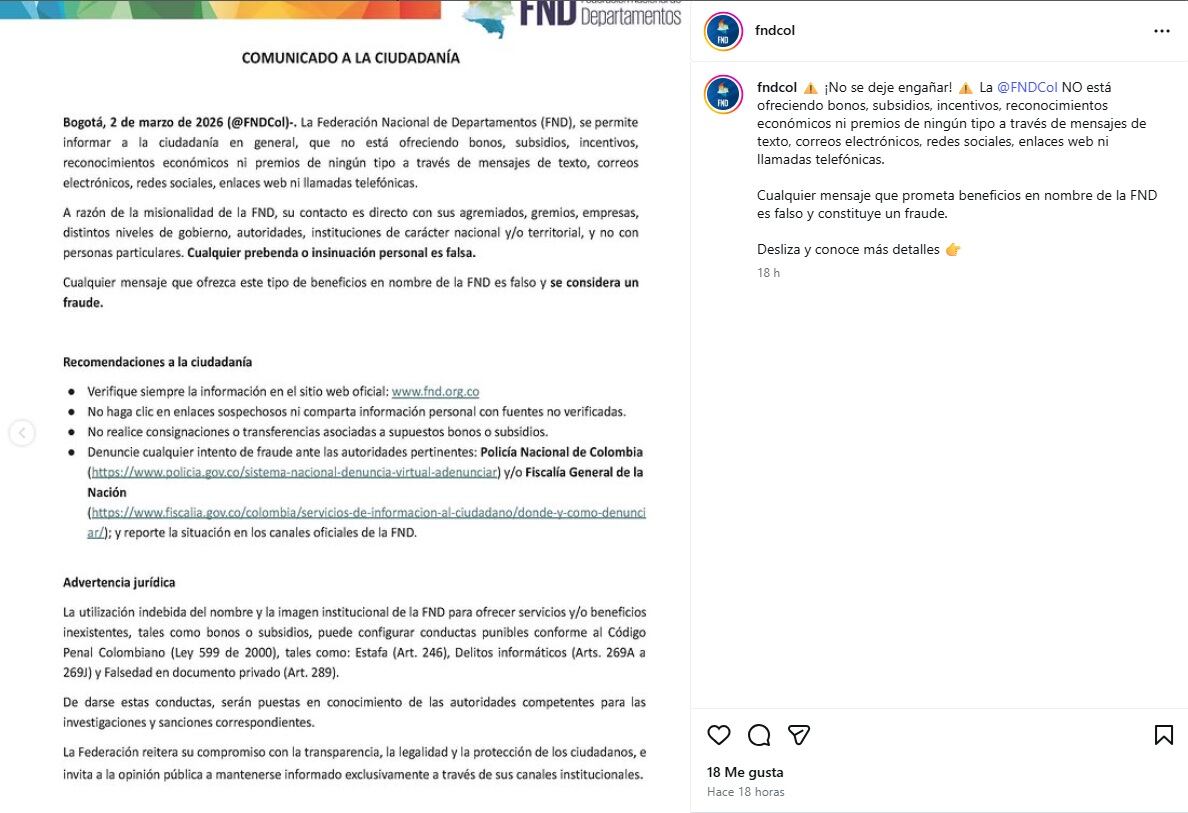 El comunicado se emitió en redes sociales el 2 de marzo de 2026 a través de los canales de la Federación Nacional de Departamentos - crédito @fndcol/IG