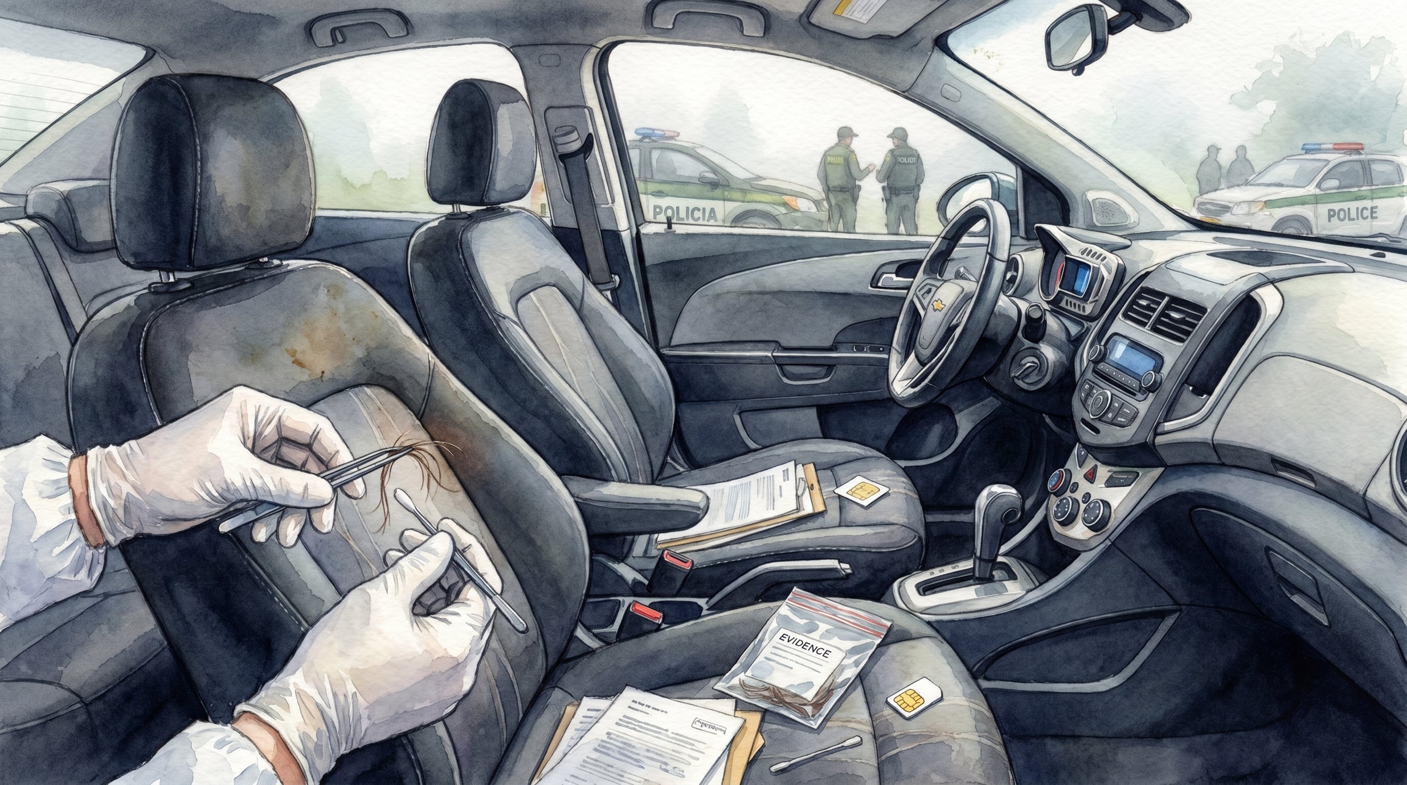 Un equipo forense inspecciona meticulosamente el interior de un automóvil compacto gris en una zona rural de Colombia, recolectando cabello, muestras biológicas y documentos como evidencia crítica para el caso. (Imagen Ilustrativa Infobae)