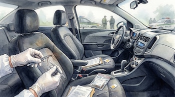 Pintura en acuarela que muestra a manos enguantadas examinando hebras de cabello, documentos y una tarjeta SIM dentro de un coche gris con policías visibles en el exterior.