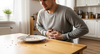 Un hombre joven, vestido con suéter gris, sentado a una mesa de madera clara, se sujeta el abdomen con ambas manos. Hay un plato blanco vacío con migas y un tenedor en la mesa.