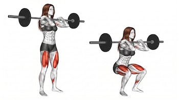 Una ilustración digital de una mujer con pantalones cortos y cabello largo realizando una sentadilla frontal con barra, mostrando la musculatura