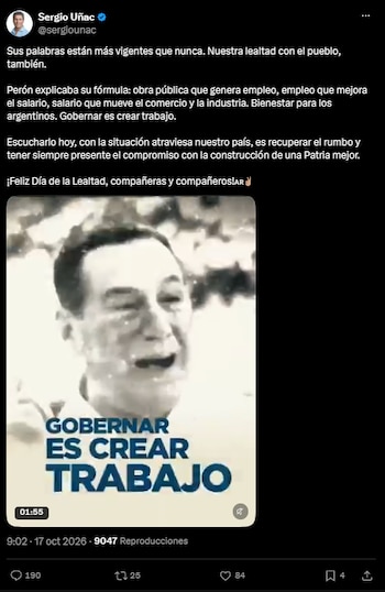 Posteo de Sergio Uñac por el Día de la Lealtad