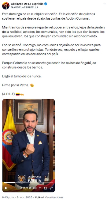 Abelardo de la Espriella destacó el valor de las Juntas de Acción Comunal en la antesala de las elecciones - crédito @ABDELAESPRIELLA/X