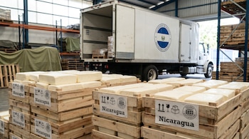 Pilas de queso blanco nicaragüense en cajas de madera con etiquetas de exportación "Nicaragua". Al fondo, camión de El Salvador con puerta abierta en almacén.