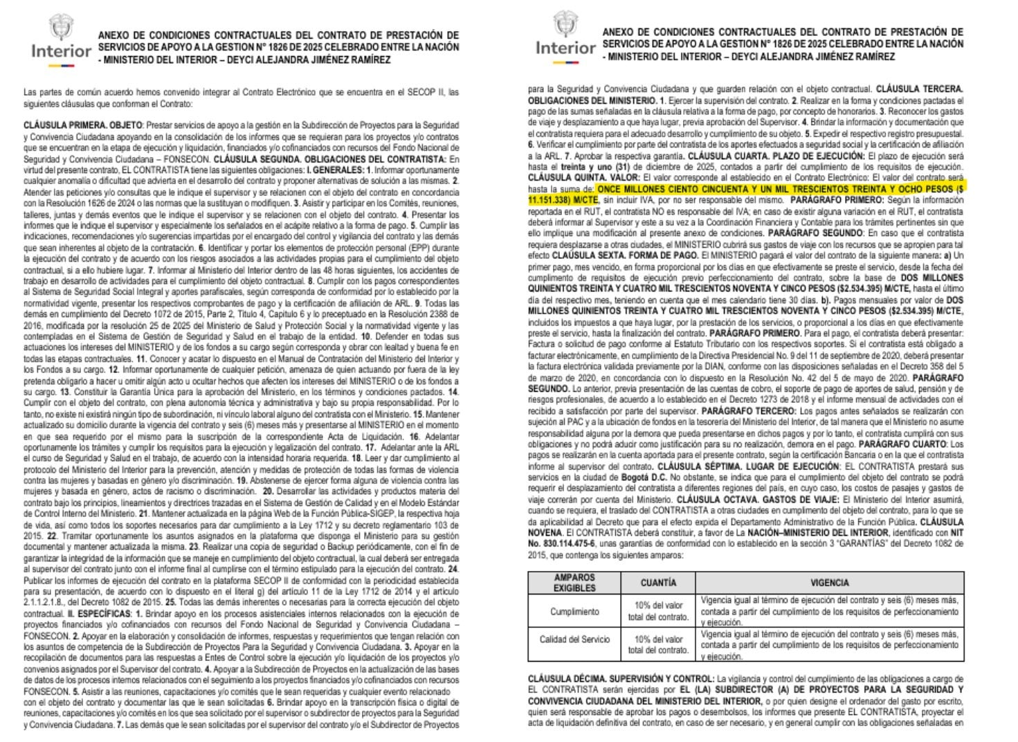 Cláusulas del contrato entre Deyci Jiménez con el Ministerio del Interior en donde se detallan el valor por $11.151.338 pesos y el plazo de ejecución estipulado hasta el 31 de diciembre de 2025 - crédito Dapre
