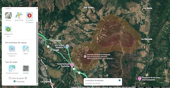 Las zonas en rojo dentro del mapa digital indican regiones donde el fuego ha sido confirmado por reportes oficiales - crédito captura de pantalla / Google Maps