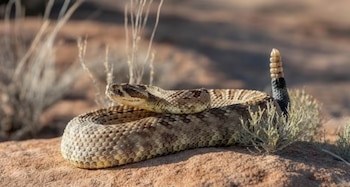Serpiente de cascabel Mohave, con cuerpo claro y patrones de diamante, enrollada sobre roca rojiza en el desierto. Su cola oscura termina en un sonajero claro