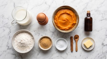 Cuencos y recipientes con puré de calabaza, harina, leche, un huevo, azúcar, sal, canela, mantequilla y vainilla sobre mármol blanco.