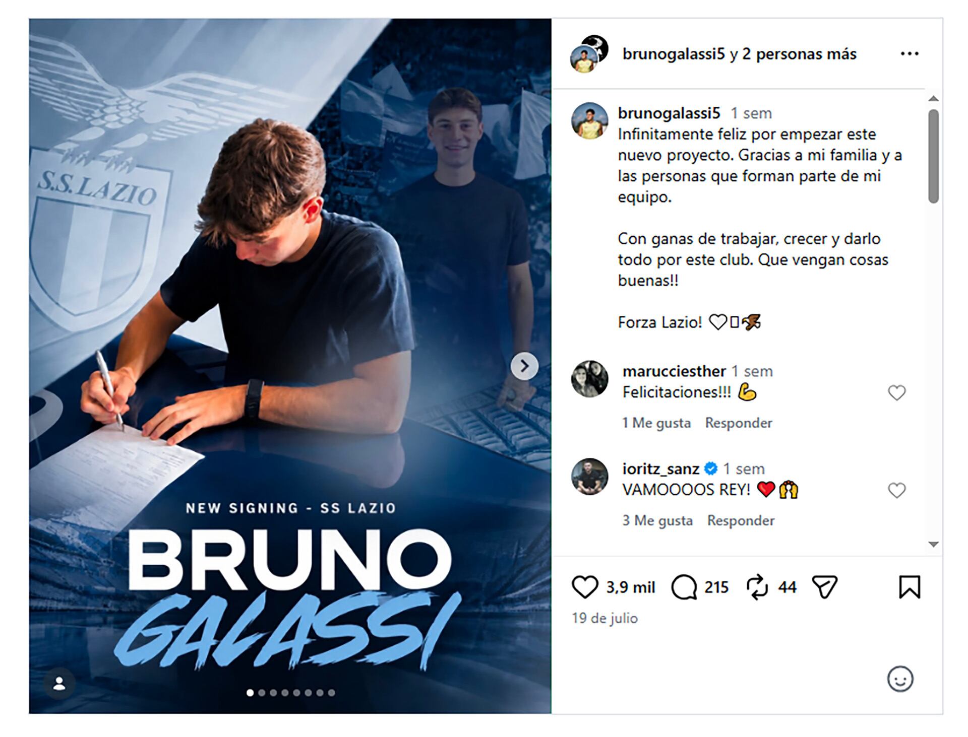 La publicación de Galassi tras oficializar su contrato