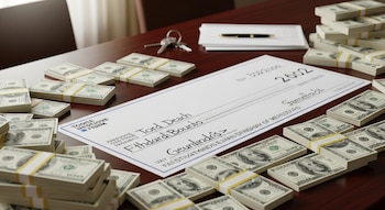 Cheque y muchos fajos de billetes de 100 dólares sobre una mesa de madera oscura. Al fondo, llaves y documentos borrosos.
