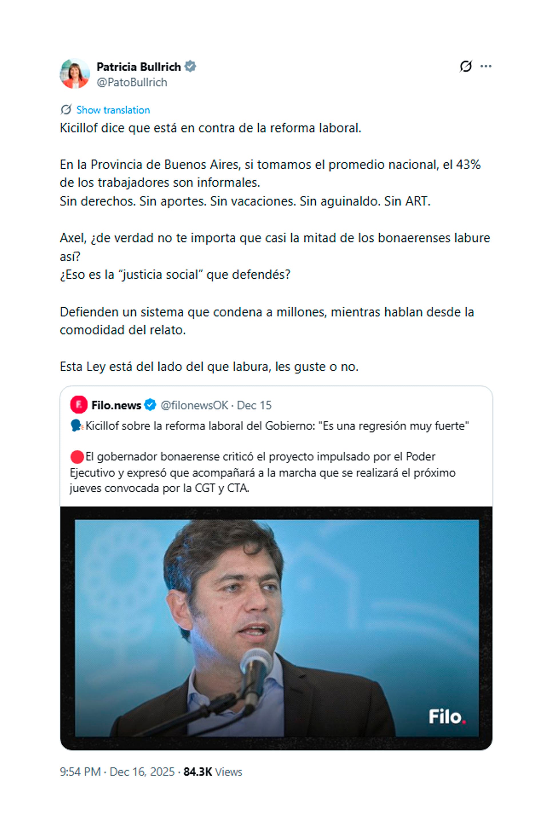 La crítica de Bullrich hacia Kicillof, con la reforma laboral como eje de discusión (@PatoBullrich)