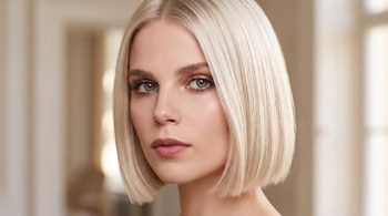 Primer plano del rostro de una mujer con cabello rubio lacio cortado en estilo bob a la altura de la mandíbula.