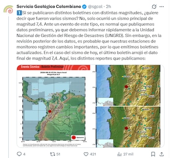 La réplica de mayor magnitud del terremoto en Colombia alcanzó 4,8, de acuerdo con el Servicio Geológico Colombiano - crédito SGC/X