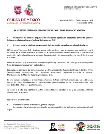 El Metro publica a través de sus redes sociales que ya se encuentra listo para el primer Simulacro Nacional del 2026 - (X/@MetroCDMX)