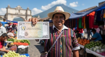 Un hombre con sombrero y vestimenta tradicional exhibe un bono del Tesoro de Guatemala. Detrás, mercado, arco colonial y un volcán.
