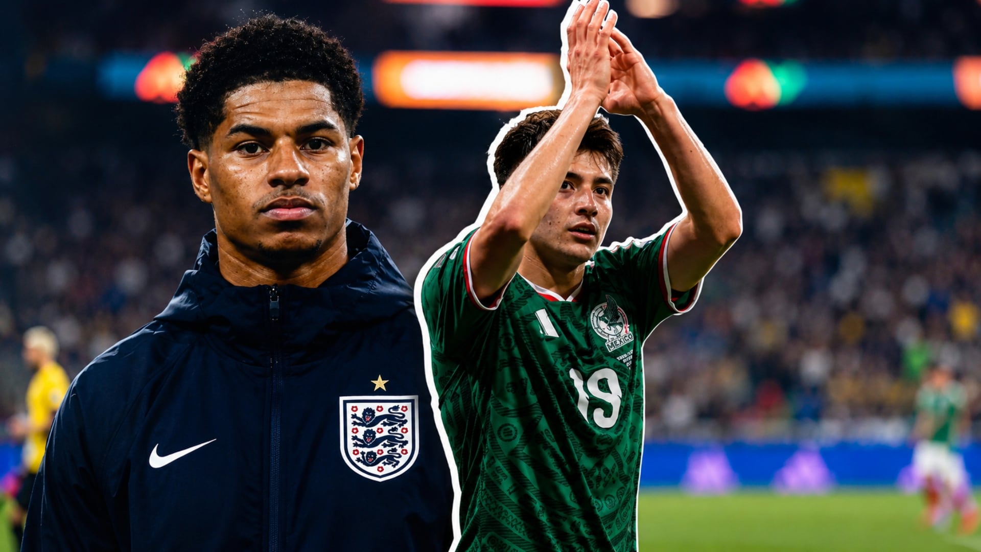 Marcus Rashford y Gilberto Mora, futbolistas de Inglaterra y México, aparecen en una composición visual sobre el Mundial de 2026. (Instagram: Marcus Rashford / Gilberto Mora)