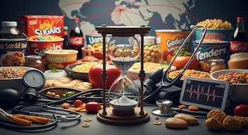 Variedad de alimentos ultraprocesados y envasados, estetoscopio, tensiómetro, reloj de arena roto, monitor de ECG y mapa mundial de fondo.