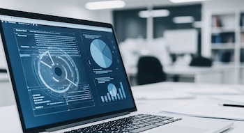 Computadora portátil abierta con pantalla que muestra gráficos circulares, de barras y texto digital; teclado negro y superficie de mesa blanca.