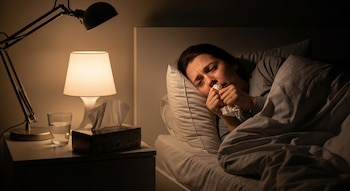 Mujer enferma en cama de noche, cubriéndose la nariz con un pañuelo. En la mesita, una lámpara encendida, un vaso de agua y una caja de pañuelos.