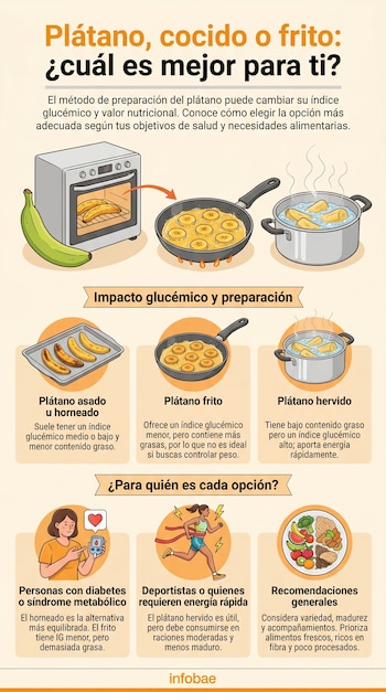 Infografía que muestra un plátano crudo, plátanos horneándose en un horno, fritos en una sartén y hirviendo en una olla, con textos explicativos sobre cada método.