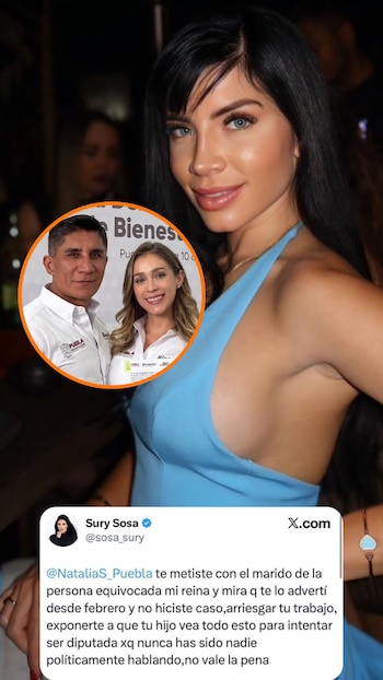 Una mujer de cabello oscuro y ojos azules con un vestido azul posa, con una imagen superpuesta de un hombre y una mujer sonriendo y un tuit de Sury Sosa
