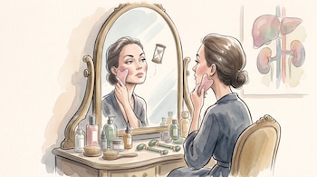 Dibujo de una mujer ante un tocador con cosméticos que pasa una piedra gua sha por su rostro, con un reloj de arena y un cartel de órganos al fondo.