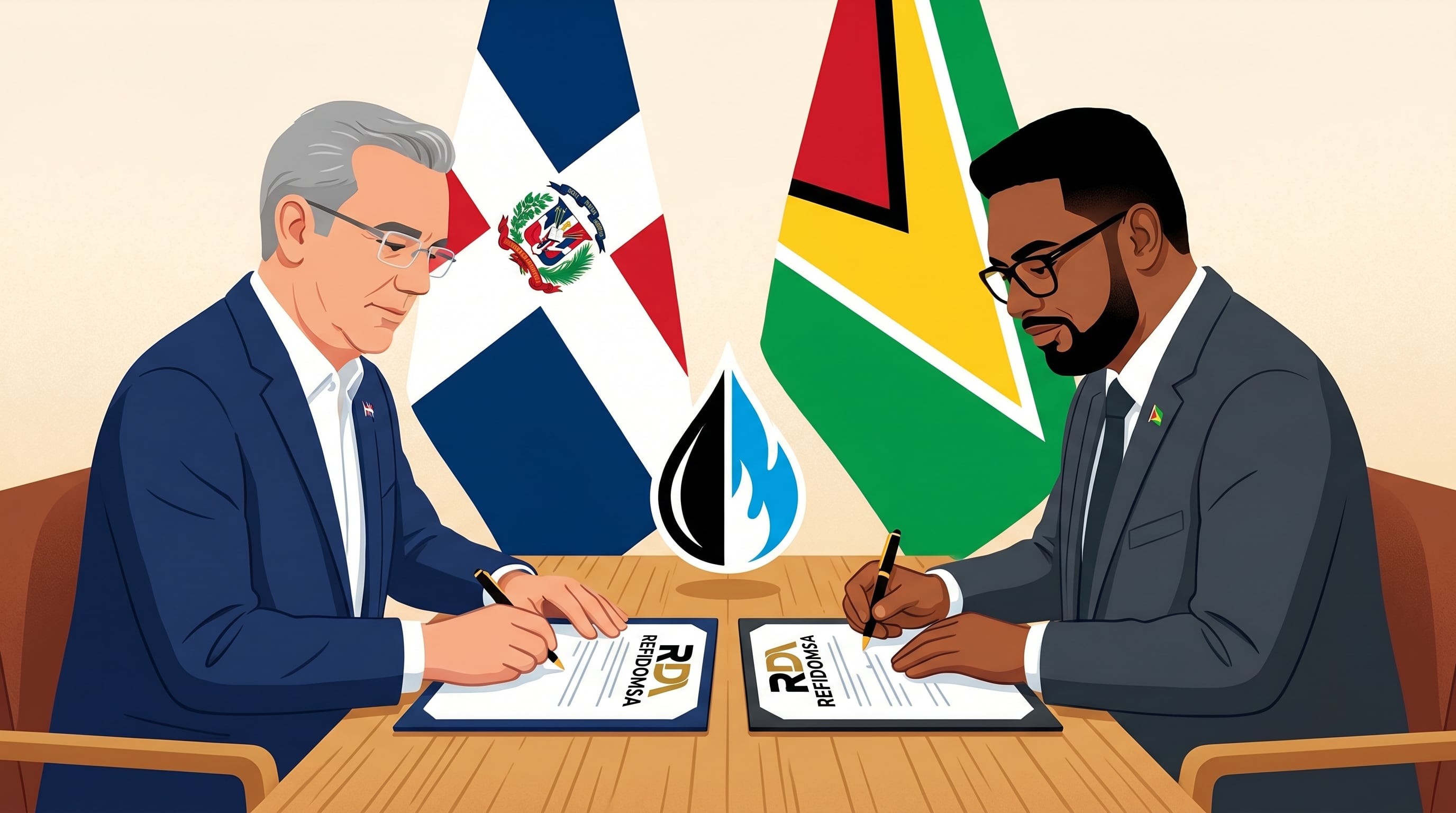 Los presidentes Luis Abinader de República Dominicana y Mohamed Irfaan Ali de Guyana firman un documento con el logo de Refidomsa y símbolos de petróleo y gas, con sus banderas nacionales al fondo, en un acto de cooperación energética. (Imagen Ilustrativa Infobae)