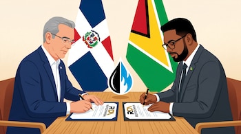 Ilustración de Luis Abinader y Mohamed Irfaan Ali sentados en una mesa, firmando documentos con el logo de Refidomsa. Al fondo, las banderas de República Dominicana y Guyana. Símbolos de petróleo y gas en la mesa.