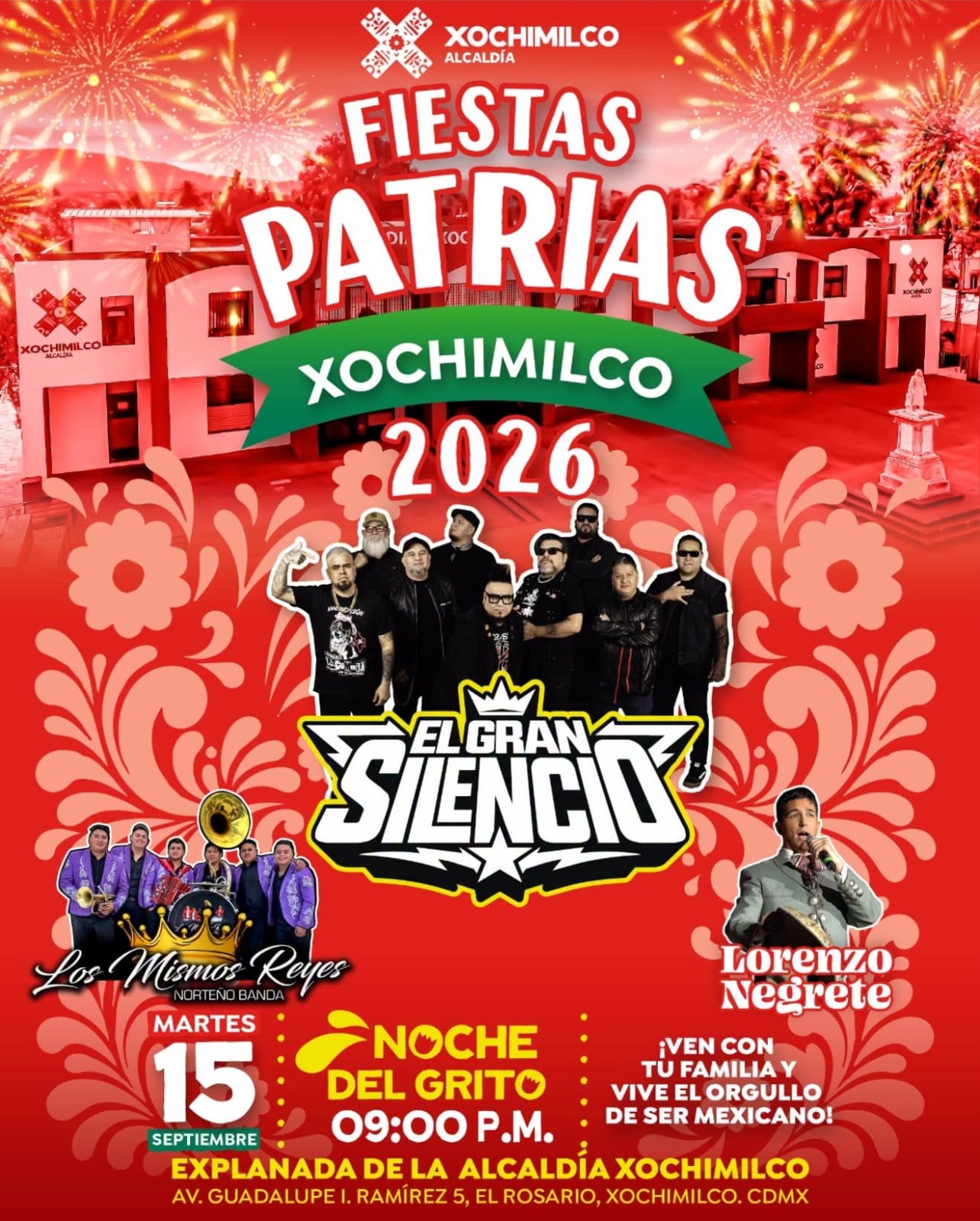 La alcaldía Xochimilco anuncia la presentación del grupo El Gran Silencio y otros artistas para la Noche del Grito el 15 de septiembre de 2026. (Facebook oficial Alcaldías)