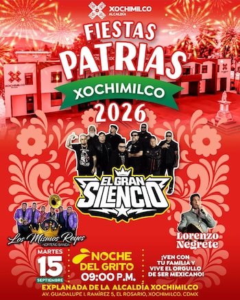 Cartel de las Fiestas Patrias 2026 en Xochimilco con fotografías de El Gran Silencio, Los Mismos Reyes y Lorenzo Negrete sobre un fondo rojo