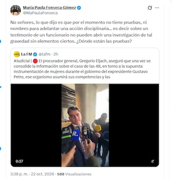 María Paula Fonseca Gómez, exsubgerente de Rtvc en el gobierno de Gustavo Petro, se refirió a declaraciones del procurador Gregorio Eljach sobre la presunta instrumentalización de mujeres en la administración Petro - crédito @MaPaulaFonseca/X