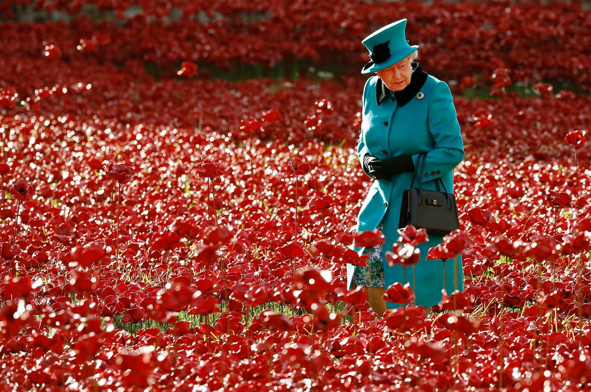 La reina Isabel II recorre un campo de amapolas rojas con un conjunto turquesa, sombrero a juego y detalles en terciopelo negro (REUTERS)
