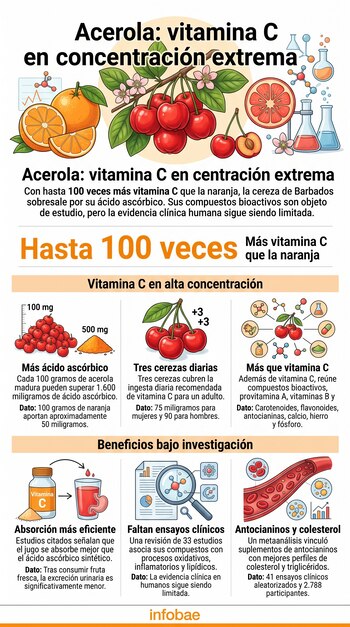 Infografía sobre la acerola con ilustraciones de la fruta, instrumental de laboratorio y esquemas informativos con texto explicativo.