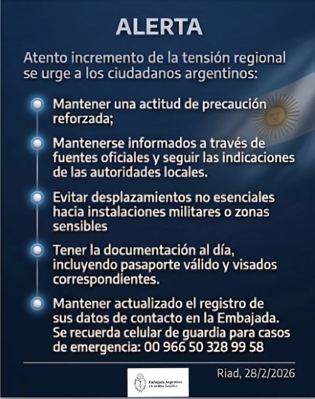 Comunicado de la Embajada Argentina en Arabia Saudita
