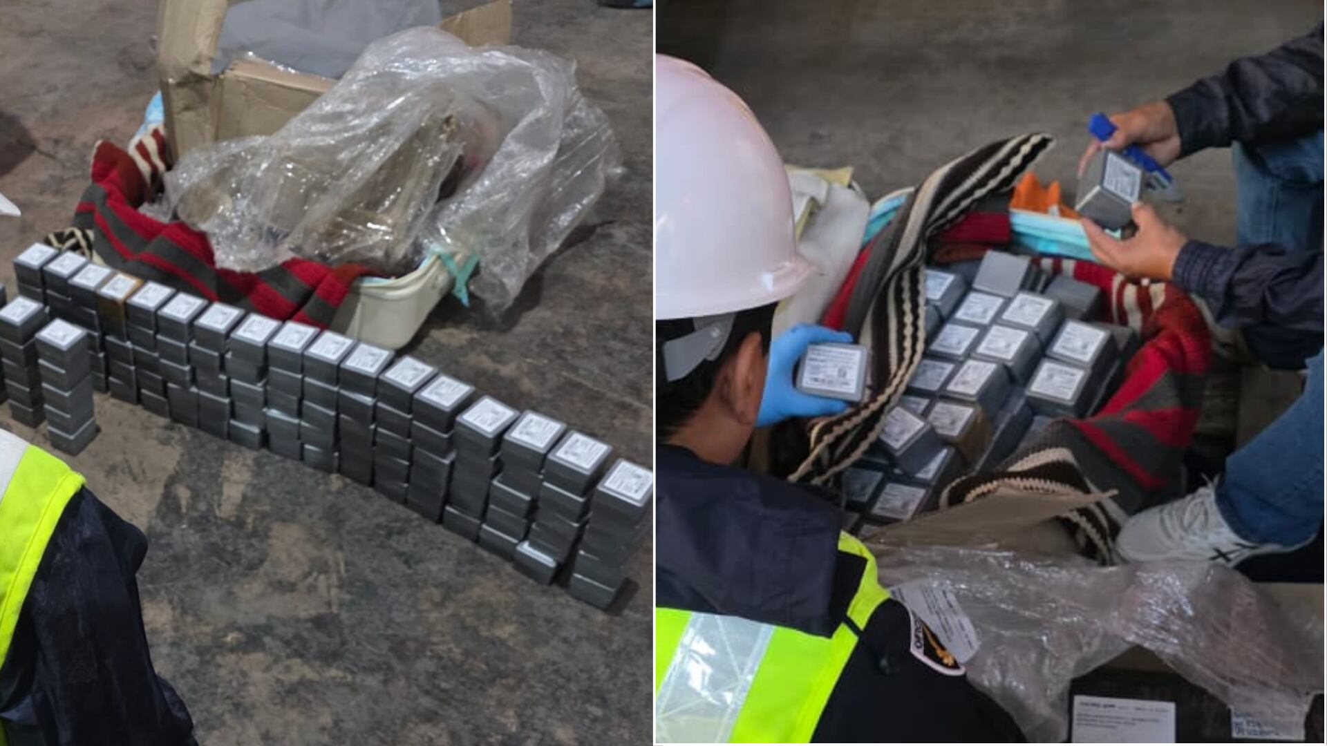 Oficiales de Aduanas y la Policía Nacional del Perú inspeccionan los 10.000 detonantes de presunta fabricación boliviana incautados en Cusco, Perú, valorados en S/195.000. (Composición: Infobae Perú)