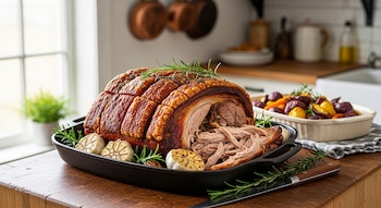 Pernil de cerdo asado y desmenuzado en bandeja negra, con ajos y romero. Al fondo, fuente de vegetales rostizados y cocina luminosa.