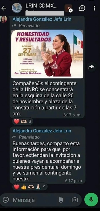 Captura de pantalla de un chat de telefonía con un cartel promocional de Claudia Sheinbaum y dos mensajes de texto sobre una concentración