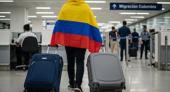 Una persona de espaldas con la bandera de Colombia en la espalda y dos maletas camina por un pasillo de aeropuerto hacia un letrero de Migración Colombia.