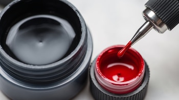 Dos envases abiertos con tinta, uno grande con tinta negra y otro pequeño con tinta roja, junto a una aguja de máquina de tatuar con una gota de tinta roja.
