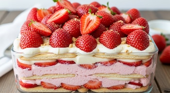 Primer plano de una Carlota de fresa cremosa en un recipiente de vidrio, mostrando capas de galletas, mousse rosado, fresas frescas y crema, cubierta con fresas enteras y a la mitad.