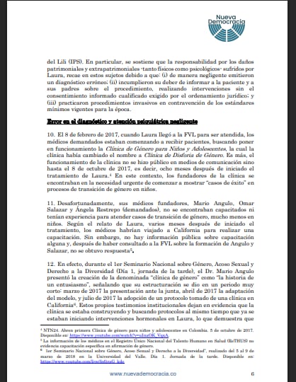 Este es un extracto de la demanda donde se argumenta que los médicos se habrían capacitado en temas de género en niños, solo después del caso de Laura - crédito Fundación Nueva Democracia