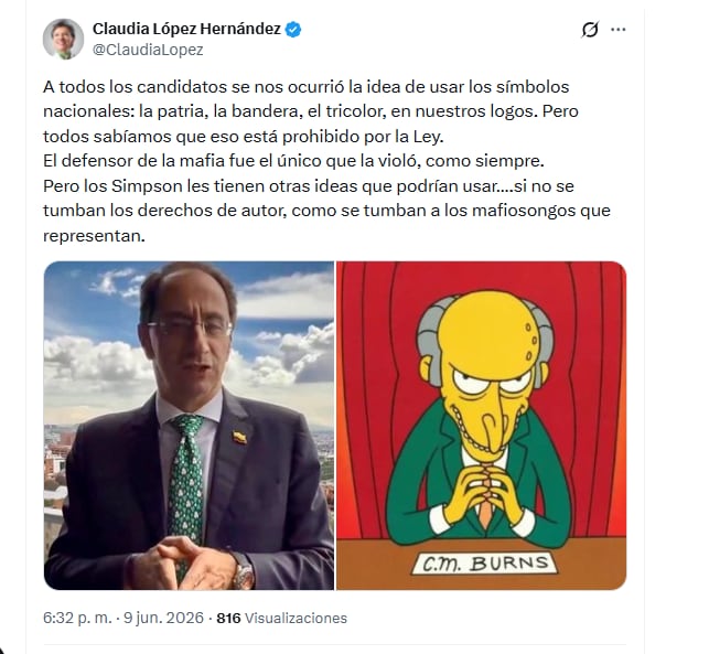 La excandidata presidencial Claudia López Hernández criticó al aspirante Abelardo de la Espriella y se burló de su fórmula vicepresidencial - crédito @ClaudiaLopez/X