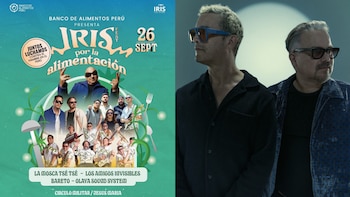 Afiche promocional del Iris Fest por la Alimentación con bandas y fecha, junto a un retrato de dos hombres de gafas de sol y vestimenta casual