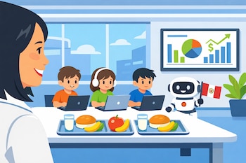 Ilustración de Keiko Fujimori observando un aula moderna con tres estudiantes usando laptops, desayuno escolar, un robot con bandera peruana y gráficos financieros.