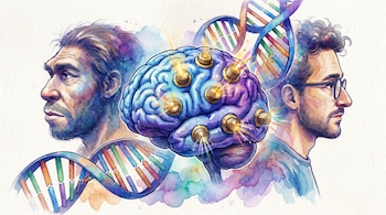Ilustración en acuarela de un cerebro azul y violeta con perillas doradas, entre los perfiles de un Neandertal y un hombre moderno, con cadenas de ADN.